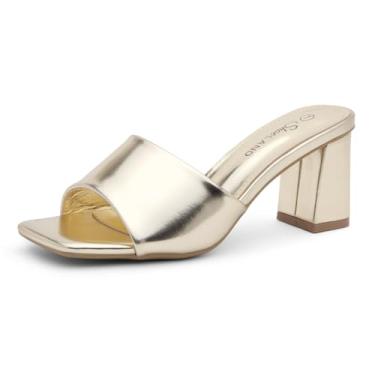 Imagem de Shoe Land Salto bloco feminino de 7,6 cm – bico aberto quadrado sem cadarço | Sandálias elegantes e casuais de salto grosso para festa, casamento, escritório | 2025 na moda, Dourado, 37