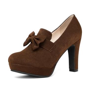 Imagem de Jeesay Sandália feminina de salto grosso Mary Jane com bico fechado, plataforma e salto alto, Marrom, 35
