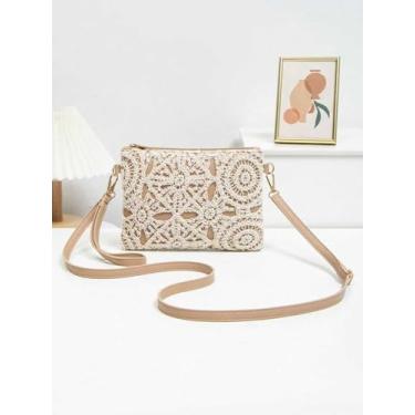 Imagem de Bolsa tiracolo feminina de crochê elegante bolsa de praia a céu aberto bolsa de ombro com detalhe floral bolsa casual boho de palha, cáqui, Caqui, Casual