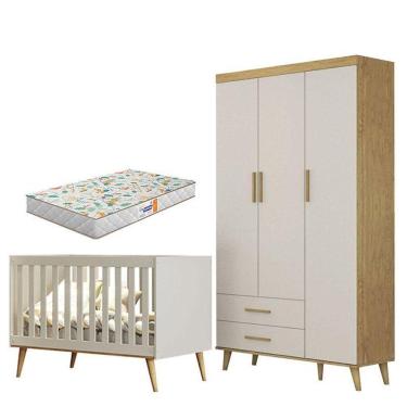 Imagem de Berço Americano E Guarda Roupa Infantil Ludmila Off White Bétula Com Colchão Gazin - Carolina Baby
