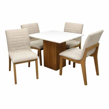 Imagem de Mesa de Jantar Dakota 90x90cm Sem Vidro e 4 Cadeiras Sofia em Linho Madeira Cel Móveis Cor Cinamomo Off White com Tecido Bege
