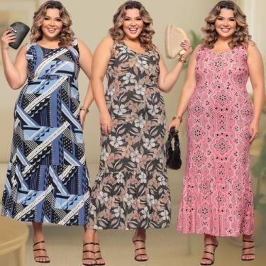Imagem de Kit 3 VestidoS Longo Feminino Plus Size Soltinho Casual Estampado Conf