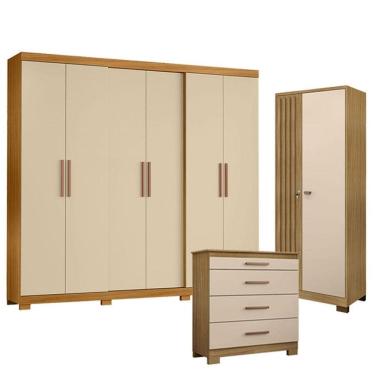Imagem de Guarda Roupa Casal San Diego com Cômoda 4 Gavetas New e Armário Multiuso Versatile Carv...