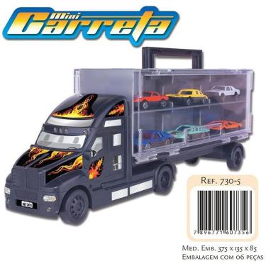 Imagem de Caminhão de Brinquedo Mini Carreta com 6 Carrinhos e Maleta para Transporte Preto Braskit
