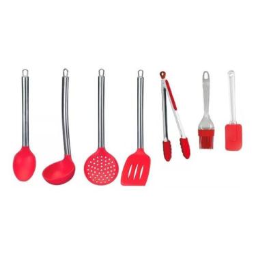 Imagem de Conjunto Kit Colher Silicone Cozinha 7 Peças Vermelho Cabo Inox - Home