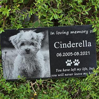 Imagem de AXEN Pedra memorial para animais de estimação, pedra de granito preta, lápide de cachorro, memorial de cachorro, com foto, personalizado (12 × 15 cm