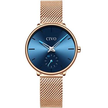 Imagem de Relógio Feminino Quartzo Original de Pulso Dourado com Mostrador Azul e Pulseira em Malha Dourada, todo em Aço Inoxidável, Analógico, à Prova d'Água, Excelente Presente para o Dia dos Namorados