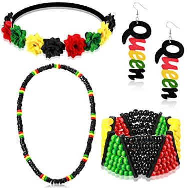 Imagem de Jexine 4 peças joias africanas para mulheres acessórios jamaicanos faixa de cabeça africana Rasta frisada pulseira Jamaica colar, vermelho, verde, preto, amarelo, rainha brincos pendentes