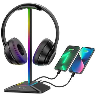 Imagem de New bee Suporte de fone de ouvido RGB com 1 porta de carregamento USB-C e 1 porta de carregamento USB, suporte de fone de ouvido para jogos de mesa com 7 modos de luz e base de borracha