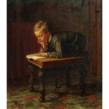 Imagem de Leitura Menino Ajoelhado em um Pequeno Banco Estofado Absorto Lendo um Livro Pintura de Eastman Johnson Repro em Tela"canvas" ou Arte em Papel (Tela "Canvas", 55cm X 65cm)