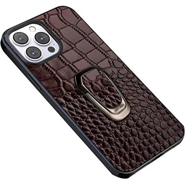 Imagem de RAYESS Capa para iPhone 14 Pro com suporte de anel, textura clássica de crocodilo couro genuíno TPU silicone capa protetora fina híbrida para iPhone 14 Pro (Cor: marrom2)