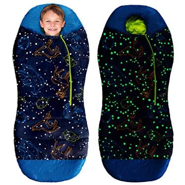 Imagem de Sacos de dormir infantis AceCamp para meninos e meninas que brilham no escuro, azul roxo, estilo mamãe, infantil, temperatura extrema, classificação de 30°F / -1C, ótimo para festa do pijama/viagem/acampamento - (azul - crianças)