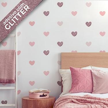 Imagem de Adesivo de Parede Corações Tons de Rosa Glitter Quarto de Menina 60un Cobre 5m2 (Com Glitter Rosê)