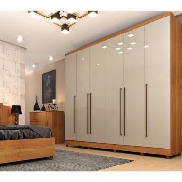 Imagem de Quarto de Casal Roupeiro 6 Portas Portugal com pés, Cama Casal, Cabeceira e Cômoda 5 Gavetas Cinamomo/Off White