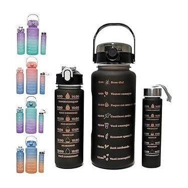 Imagem de Kit 3 Garrafa De Água Squeeze Galão 2 Litros; 900ml e 300ml Garrafa Motivacional Academia Colorida Antivazamento 3D Tie Dye Frases - BELLA NET