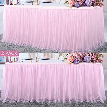 Imagem de Suppromo Pacote com 2 saias de mesa de tule rosa de 1,8 m para mesas retangulares ou redondas capa de toalha de mesa tutu rosa para decoração de princesa, chá de bebê, meninas, festa de aniversário,