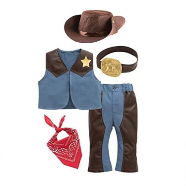 Imagem de MYNKYLL Kids Toddler Baby Boys Sleeveless Western Cowboy Costume For Kids Children Cosplay Vest Hat Scarf (Blue, 6-12 Months)
