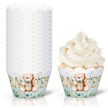 Imagem de Whaline 36 peças de envoltórios de cupcake de chá de bebê urso verde forros de cupcake fofo urso bebê copo de papel para chá de bebê revelação de gênero decorações de bolo de festa