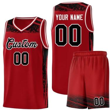 Imagem de Camisa masculina personalizada de basquete juvenil uniforme de treino uniforme impresso personalizado nome do time logotipo número, Vermelho e preto - 06, One Size