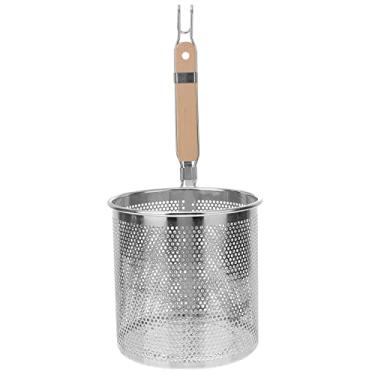 Imagem de Angoily Cesto de macarrão de malha coador de alimentos coador de panela quente com cabo de madeira redondo coador de aranha de malha de aço inoxidável para macarrão macarrão bolinho de massa vegetal