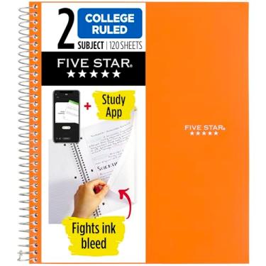 Imagem de Five Star Caderno espiral + aplicativo de estudo, 2 assuntos, papel pautado para faculdade, combate o sangramento de tinta, capa resistente à água, 21,8 cm x 28 cm, 120 folhas, cor variará (824230)