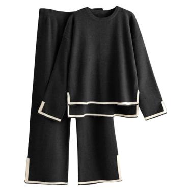 Imagem de Tankaneo Conjunto feminino de 2 peças de suéter de manga comprida pulôver de manga comprida calça larga, Preto, Medium