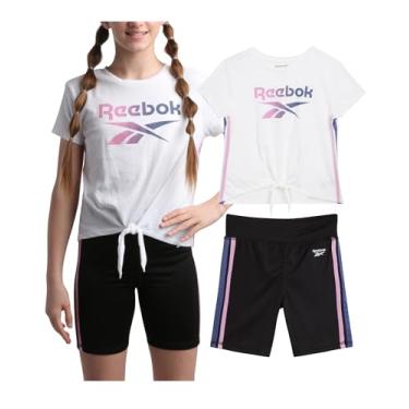Imagem de Reebok Conjunto de shorts ativos para meninas - 2 peças, camiseta de desempenho seco e shorts de bicicleta - roupa esportiva de verão para meninas (7-12), Branco/preto, 10
