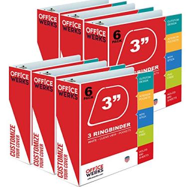 Imagem de Fichário de 3 anéis, anéis D de ângulo profissional de 7,6 cm, pasta de apresentação para páginas padrão com bolsos internos, fichário branco personalizável de visualização clara (pacote com 6)