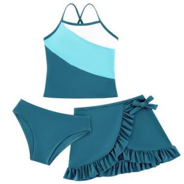 Imagem de Weixinbuy Conjunto de biquíni para meninas, roupa de banho de 3 peças, com saída de praia, verão, praia, biquíni para meninas, Azul, 9-10 Years