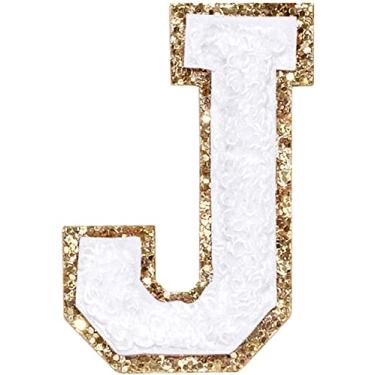Imagem de 3 Pçs Chenille Letter Patches Ferro em Patches Glitter Varsity Letter Patches Bordado Borda Dourada Costurar em Patches para Vestuário Chapéu Camisa Bolsa (Branco, J)