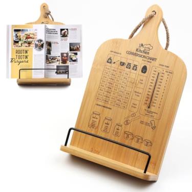 Imagem de Suporte de livro de receitas, suporte de livro de receitas de madeira com tabela de conversão de medidas, suporte ajustável para balcão de cozinha, suporte de livro de receitas
