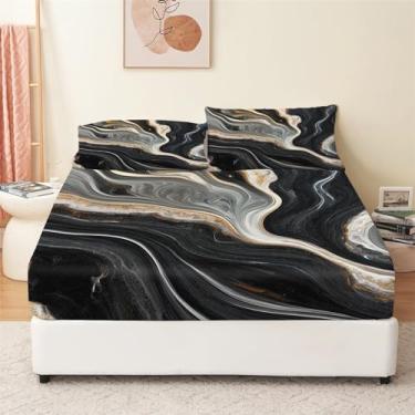 Imagem de Bhoyctn Jogo de lençol King, textura de mármore, preto, 4 peças, lençóis de cama refrescantes e fronhas, microfibra escovada respirável, jogo de cama extra macio com bolso profundo