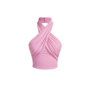 Imagem de BEAUDRM Camiseta feminina Y2K lisa cruzada frente única cropped frente única cropped caimento regular camiseta de malha canelada, rosa, G