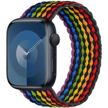 Imagem de OMECKY Pulseira de renda solo compatível com Apple Watch S9/8/7/6/5/4/3 42/44/45 mm, pulseira esportiva trançada elástica de nylon fofa para iWatch SE, M preto arco-íris