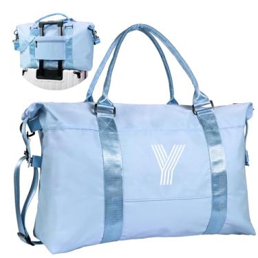 Imagem de Vogewood Bolsa esportiva de viagem inicial para academia, bolsa de fim de semana personalizada, monograma, bolsa noturna com letras, Azul claro, Y, Bolsa esportiva de viagem com manga de carrinho