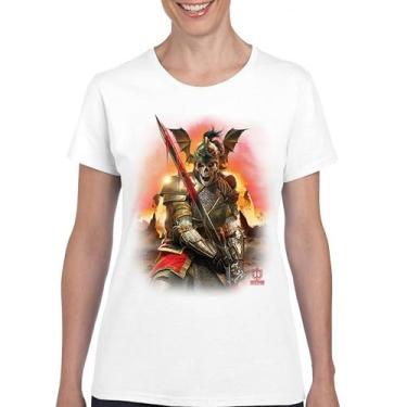 Imagem de Camiseta Apocalypse Reaper Fantasia Esqueleto Cavaleiro com Espada Medieval Criatura Lendária Dragão Mago Camiseta Feminina, Branco, P