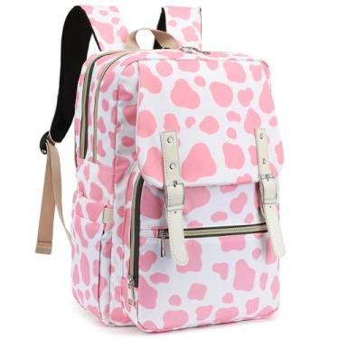 Imagem de Mimfutu Mochila para laptop para mulheres, meninas, escola, trabalho, viagens, computador, faculdade, mochila para livros de 15,6 polegadas, Estampa de vaca rosa, Large