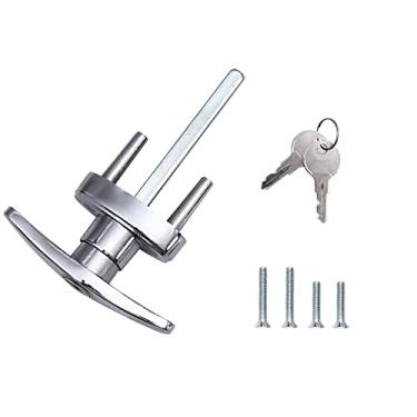 Imagem de Wedelweib Trava de maçaneta T para portas de garagem com 2 chaves e 2 conjuntos de parafusos de montagem de substituição para trava de porta de garagem, maçaneta em T para portas de 3,5 cm a 5 cm de espessura (chave aleatória)