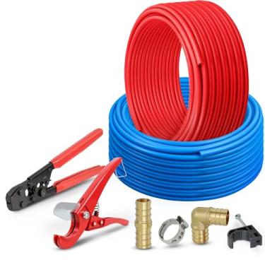 Imagem de Pexflow PXKT50034 Pex Starter Kit - Ferramentas de crimpagem e corte, encaixes de cotovelo e acoplamento de latão de 3/10.2 cm, braçadeira de aço inoxidável de 3/4 polegadas, meia braçadeira de 3/4