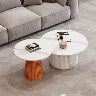 Imagem de Conjunto de 2 mesas de centro redondas com padrão de mármore, mesa lateral moderna e simples para sala de estar, quarto, varanda, quintal, laranja + branco