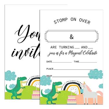 Imagem de UDNADKEX Convites de aniversário de gêmeos para meninos e meninas com envelopes, cartões de convites para festa de aniversário de irmãos de dinossauro e unicórnio, pisar, 10 x 15 cm, conjunto de 20