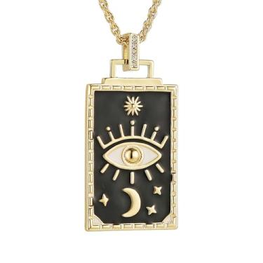 Imagem de HZMAN Colar de olho turco para mulheres, retrô, esmaltado, banhado a ouro 18K, medalha, estrela, lua, sol, tarô, pingente, joia para presente, Latão, Sem Pedra Preciosa
