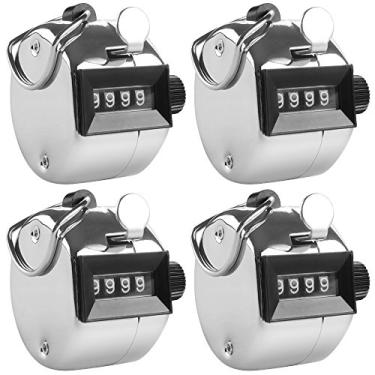 Imagem de AFUNTA Contadores de contagem manual de 4 dígitos, pacote com 4 rastreadores de voltas mecânicos, clique manual com suporte de argola de anel de dedo de metal - prata