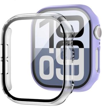 Imagem de JZK Pacote com 2 capas com protetor de tela de vidro temperado para Apple Watch séries 3/2/1 de 42 mm, capa protetora fina para Apple Watch 42 mm, roxo + transparente