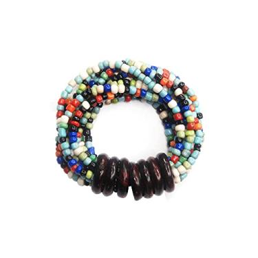 Imagem de Indomode Pulseira de contas Bali – Joia feminina elástica elástica multicolorida feita à mão com 10 fios com anéis de madeira tamanho 16,5-19 cm com caixa de presente, Vidro, Vidro