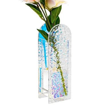 Imagem de TOCCOOL Vaso de acrílico, recipiente floral geométrico, vasos iridescentes para flores, vaso de mesa em arco, suporte de arranjo de flores para banquete de festa de jantar de casamento