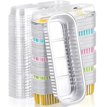 Imagem de EUSOAR Copos de sobremesa com tampas, 100 peças 192,8 g 16,5 x 6,3 x 3 cm formas de alumínio para assar, recipientes descartáveis de ramequins para cheesecake creme Brulee para festa de aniversário - 5 cores