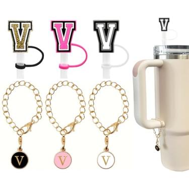 Imagem de (3 +3) 3 peças Stanley Tumbler Cup Straw Cover 10mm reutilizável tampa de palha topper com 3 pingentes de letra inicial acessórios nome ID alça personalizada charme para copo Stanley 76 ml (V)