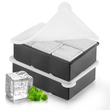 Imagem de Conjunto de 2 bandejas para cubos de gelo grandes para copos de uísque - Conjunto de 2 bandejas de cubos de gelo com tampas - Molde para freezer de fácil liberação