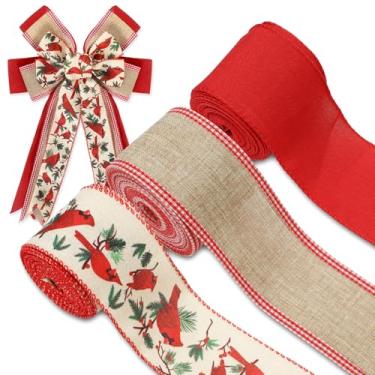 Imagem de JarThenaAMCS Fitas de Natal com borda com fio de 30 jardas fita de embrulho de pássaro cardeal vermelho fita de tecido de Natal para fabricação de laços de guirlanda suprimentos de artesanato faça